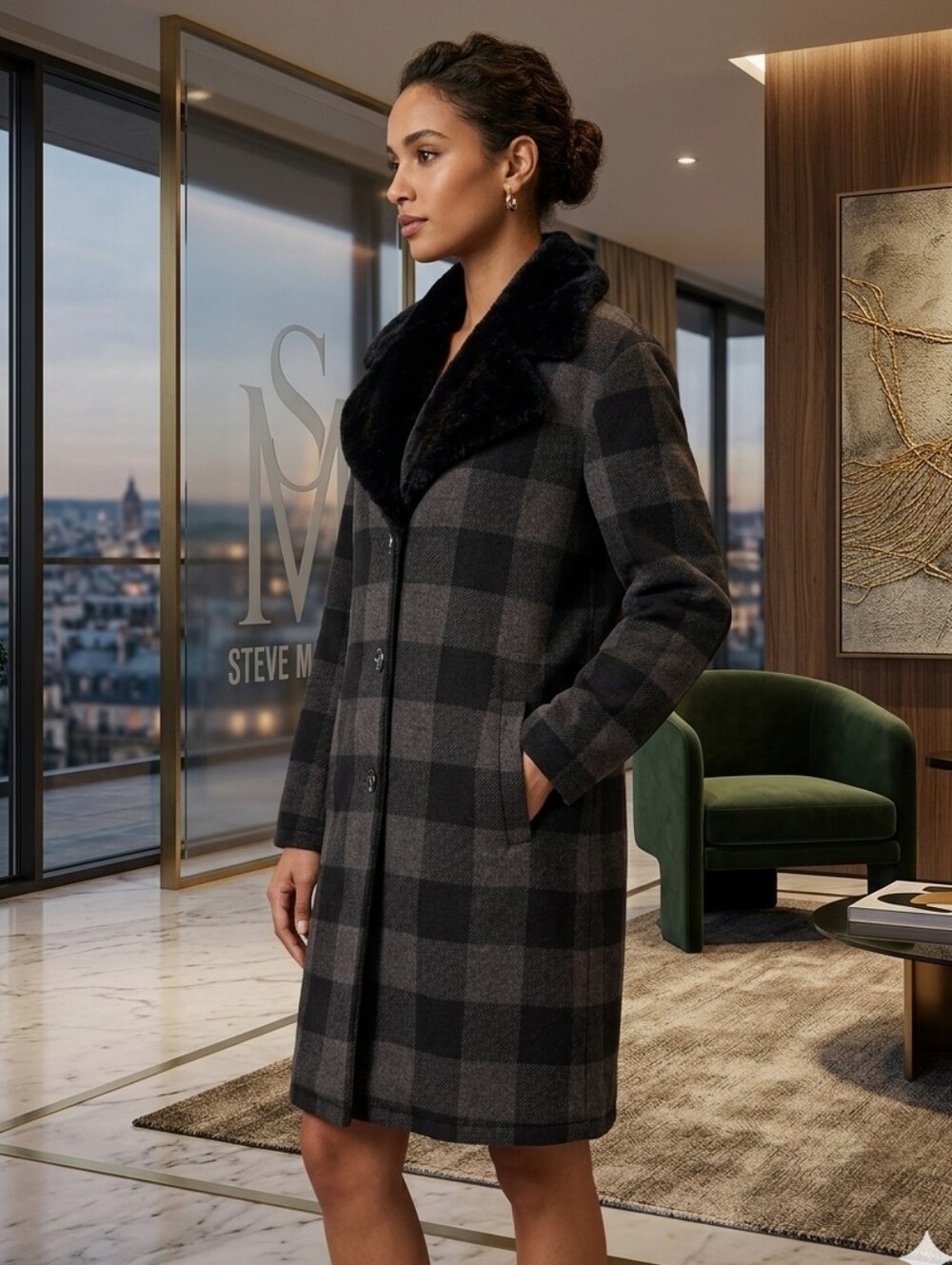 Steve Madden Plaid Sweater Fleece Coat Faux Fur Collar Black Charcoal Plus Size